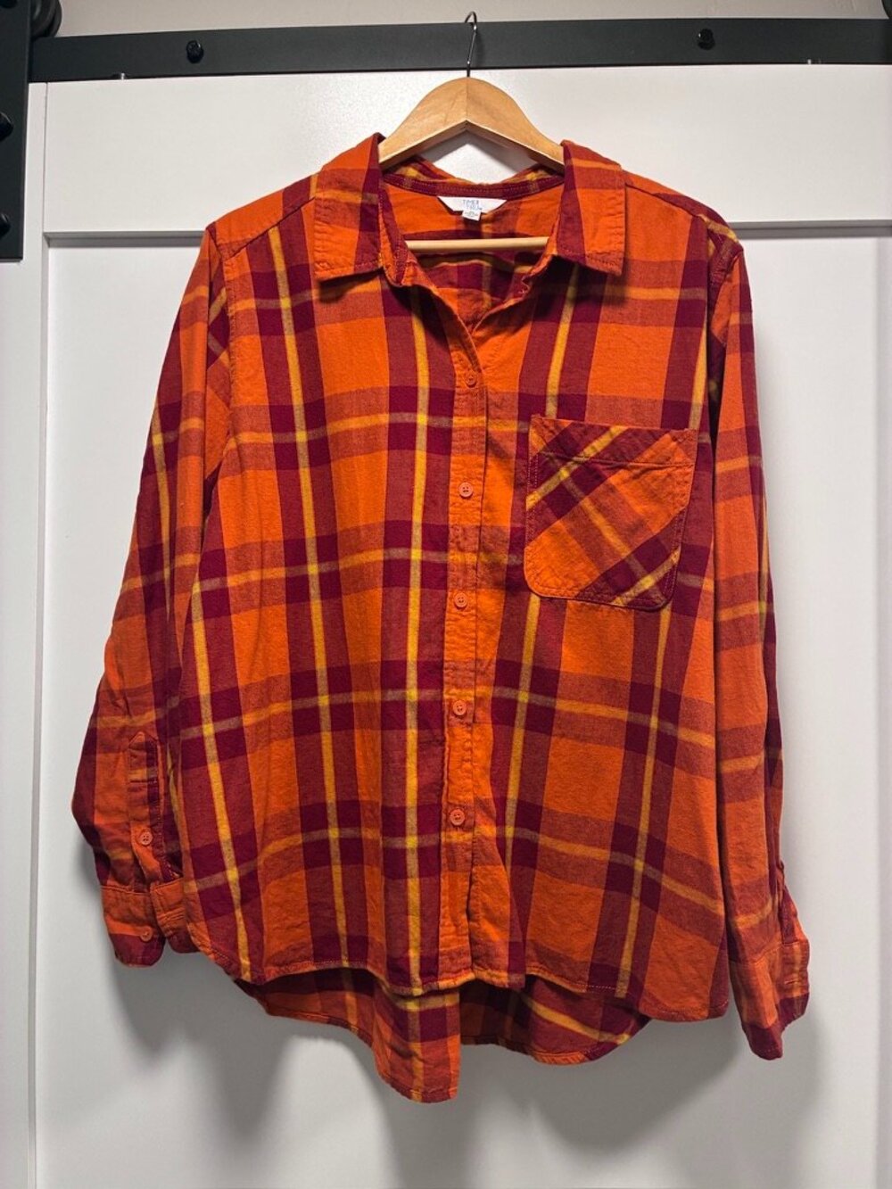 Time and Tru Orange Plaid Flannel Button Up Shirt XL